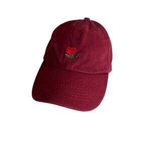 Red Cotton Baseball Cap With Embroidered Rose Design Adjustable Strapback Unisex